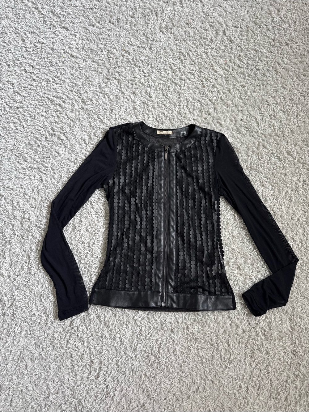Carmin Vintage Black Faux Leather Circle Appliqué Zip-Up Jacket Sz S